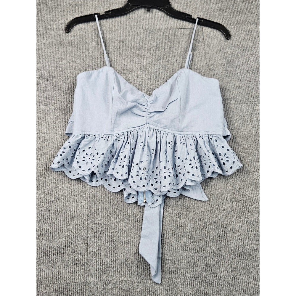 Indikah Women Light Blue Eyelet Ruffle Crop Top Cotton Spaghetti Strap Size M